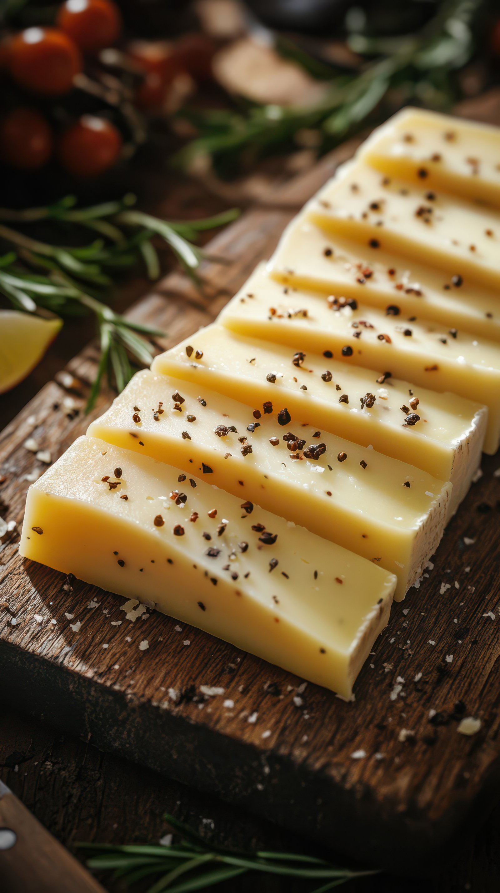 Delicious cheese slicing displayed on a rustic wooden board with herbs and spices in a cozy setting